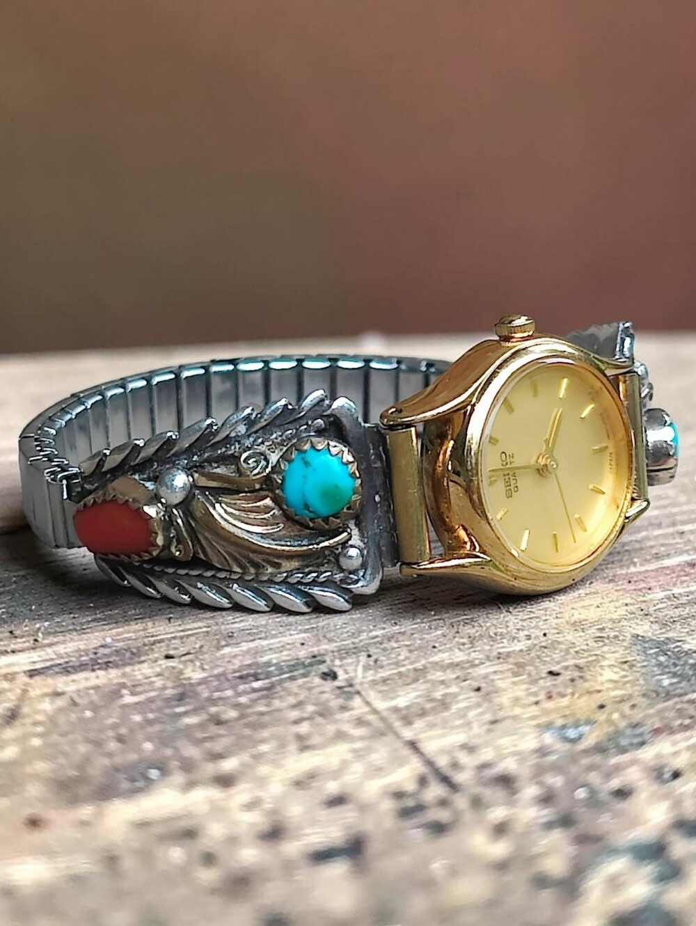 Vintage Sterling Silver Navajo Turquoise And Coral Watch